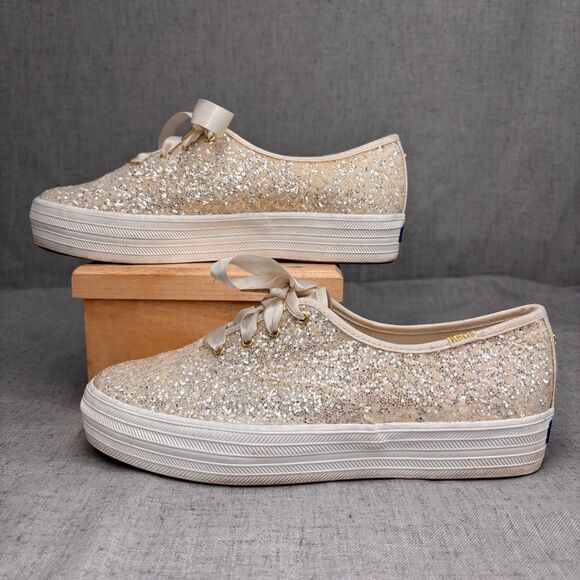 Kate Spade Keds Triple KS Glitter Sneakers Cream Canvas Lace Up‎ Platform 8.5 - Picture 3 of 11